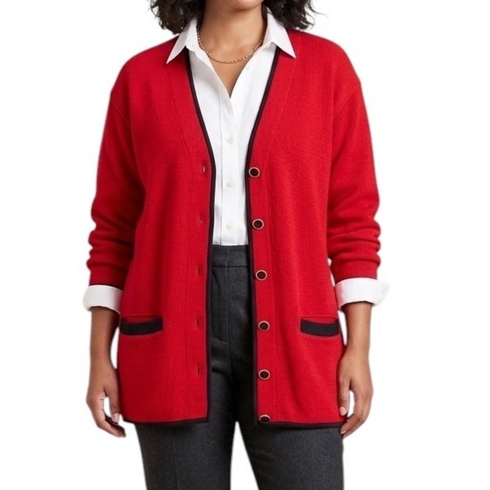Talbots Vintage Red Ribbed Cotton Cardigan Black Trim Quiet Luxury Womens Large
